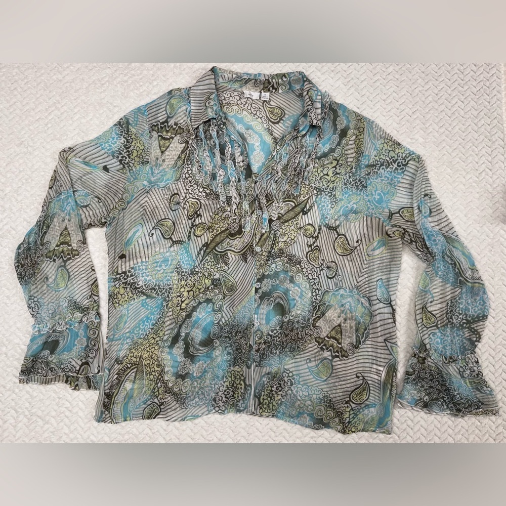 Apt. 9 Sheer Long Sleeve Blouse Fairycore Blue Grey Olive with Ruffle Detail XL